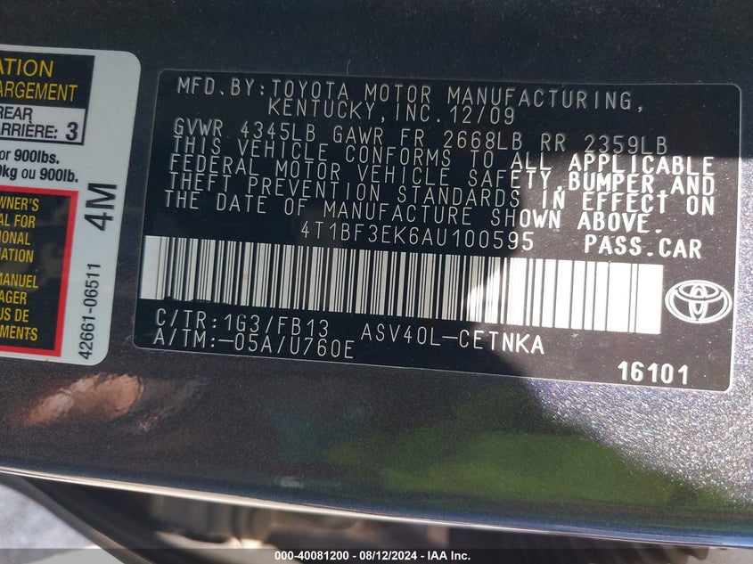 2010 Toyota Camry Le VIN: 4T1BF3EK6AU100595 Lot: 40081200