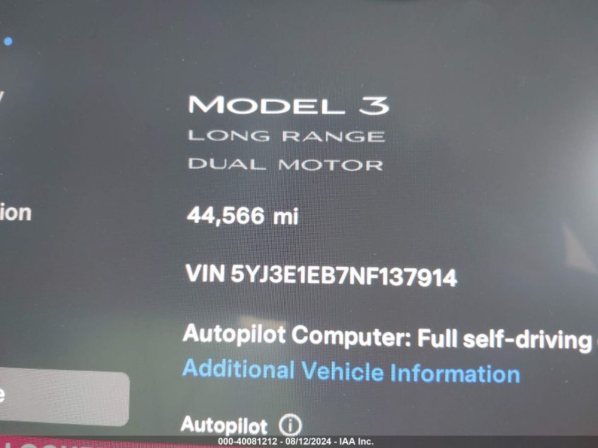 2022 Tesla Model 3 Long Range Dual Motor All-Wheel Drive VIN: 5YJ3E1EB7NF137914 Lot: 40081212