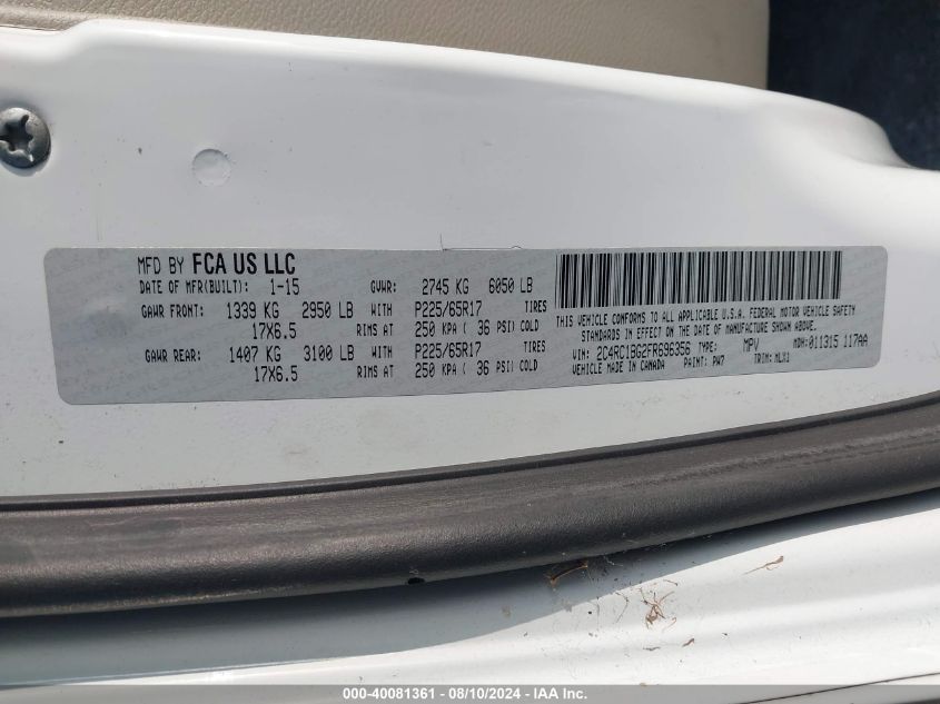 2015 Chrysler Town & Country Touring VIN: 2C4RC1BG2FR696356 Lot: 40081361