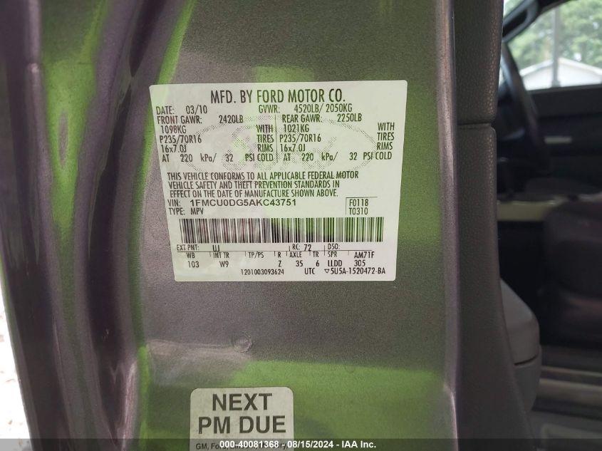 2010 Ford Escape Xlt VIN: 1FMCU0DG5AKC43751 Lot: 40081368