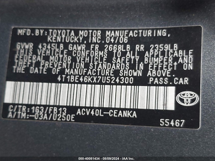 2007 Toyota Camry Le VIN: 4T1BE46KX7U524300 Lot: 40081434