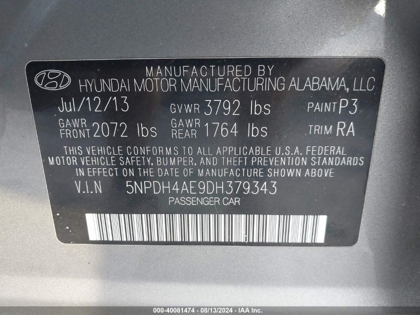 5NPDH4AE9DH379343 2013 Hyundai Elantra Gls