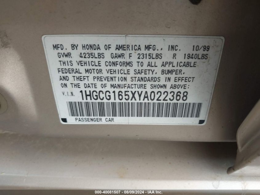 2000 Honda Accord 3.0 Ex VIN: 1HGCG165XYA022368 Lot: 40081507
