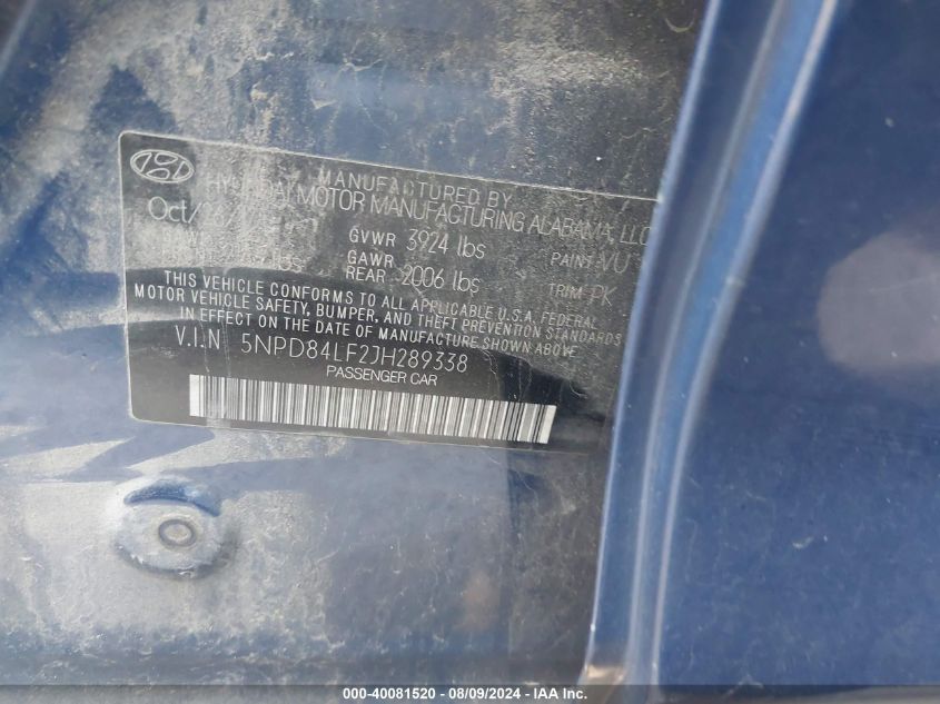 2018 Hyundai Elantra Sel VIN: 5NPD84LF2JH289338 Lot: 40081520