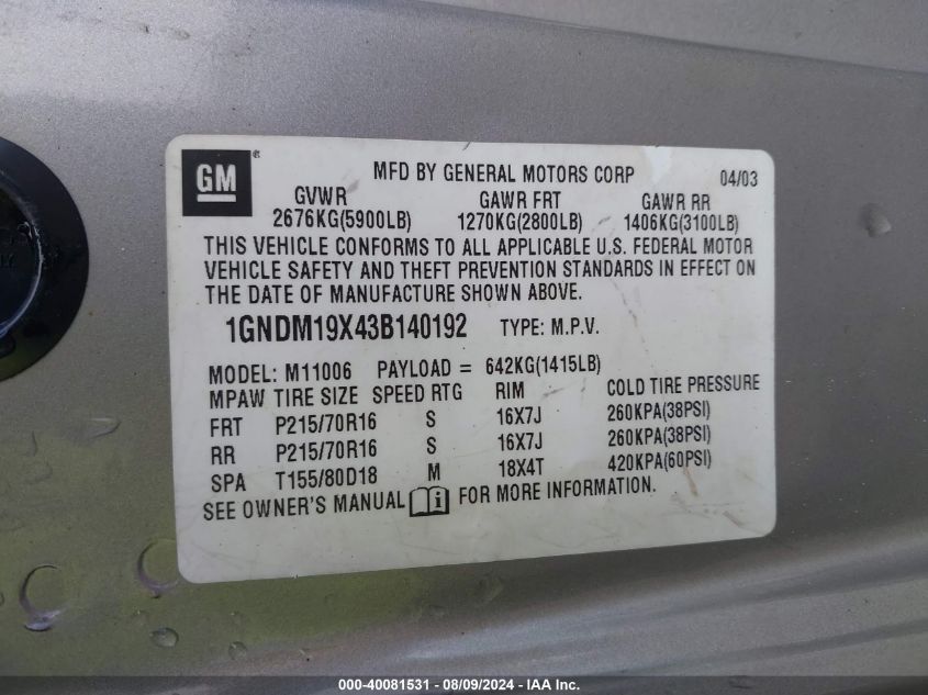 2003 Chevrolet Astro VIN: 1GNDM19X43B140192 Lot: 40081531