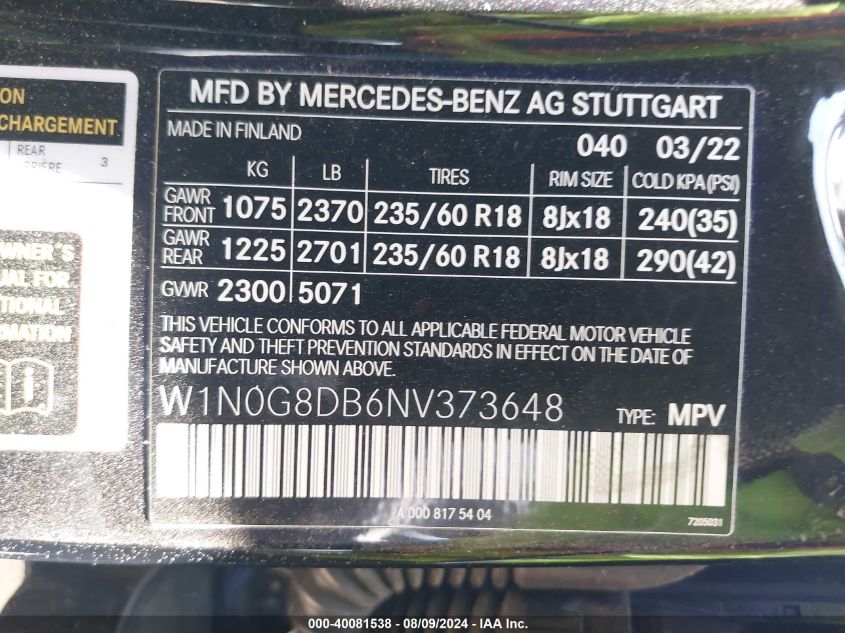 2022 MERCEDES-BENZ GLC 300 SUV - W1N0G8DB6NV373648