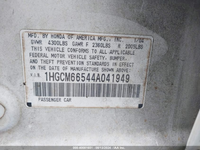 2004 Honda Accord 3.0 Ex VIN: 1HGCM66544A041949 Lot: 40081651