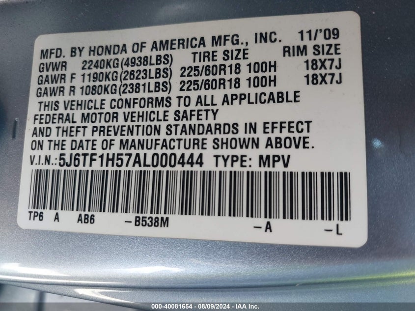 2010 Honda Accord Crosstour Exl VIN: 5J6TF1H57AL000444 Lot: 40081654