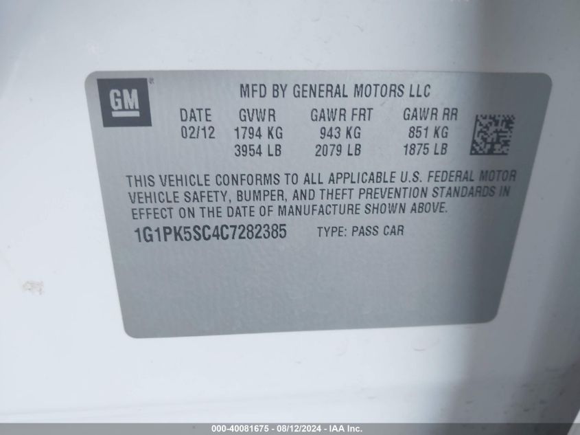 2012 Chevrolet Cruze Eco VIN: 1G1PK5SC4C7282385 Lot: 40081675