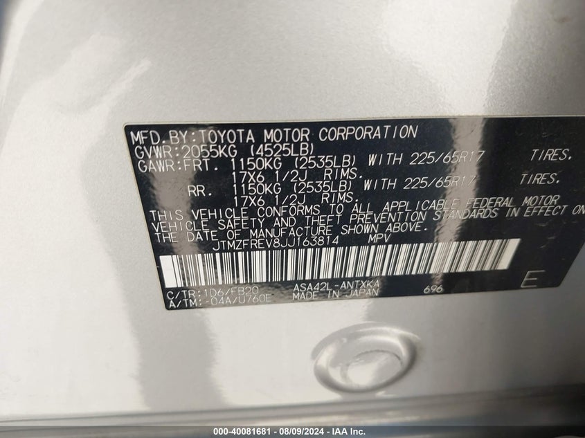 VIN JTMZFREV8JJ163814 2018 TOYOTA RAV4 LE