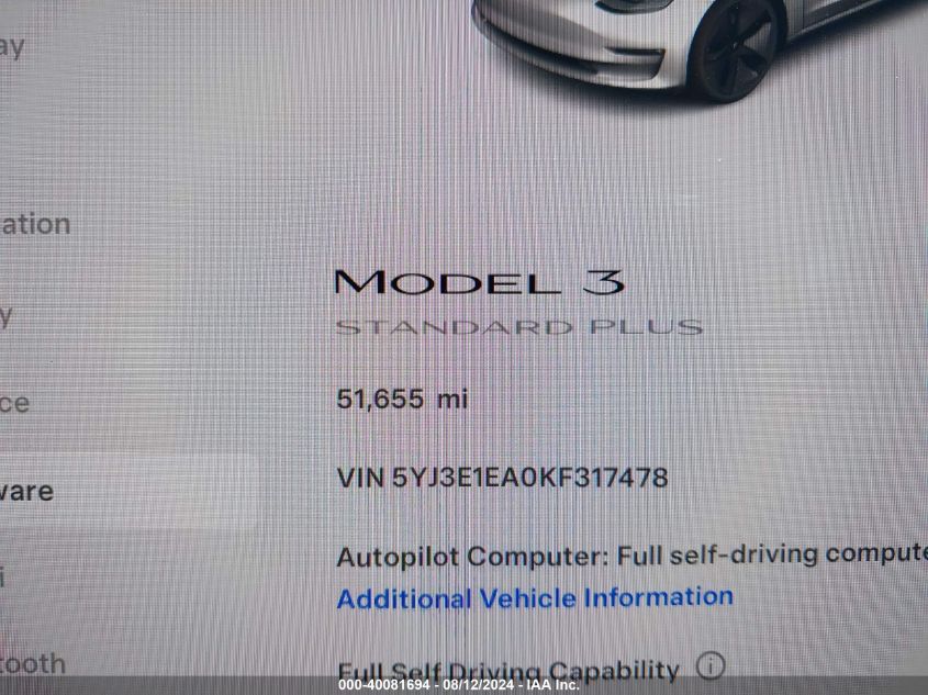 2019 Tesla Model 3 Long Range/Mid Range/Standard Range/Standard Range Plus VIN: 5YJ3E1EA0KF317478 Lot: 40081694