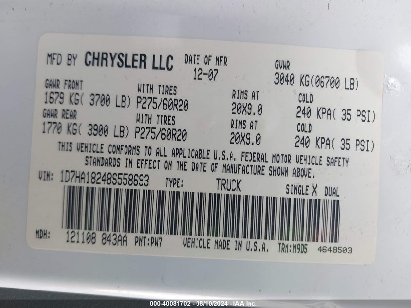 2008 Dodge Ram 1500 Slt VIN: 1D7HA18248S558693 Lot: 40081702