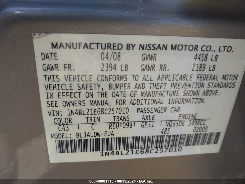 2008 Nissan Altima 3.5 Se VIN: 1N4BL21E68C257010 Lot: 40081710