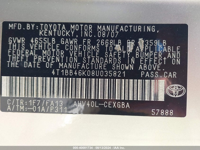 2008 Toyota Camry Hybrid VIN: 4T1BB46K08U035821 Lot: 40081734