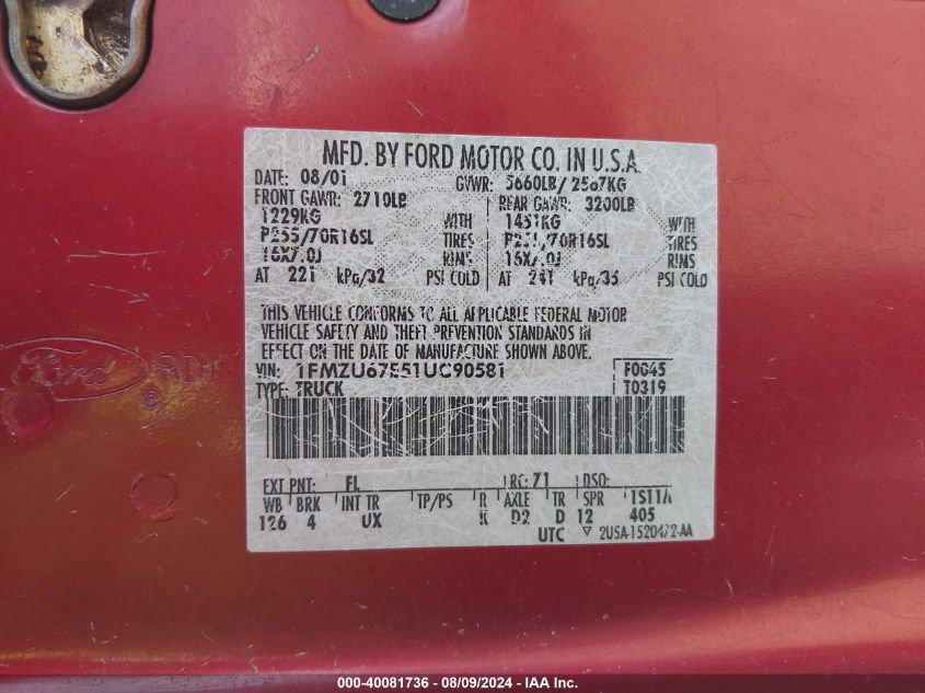 2001 Ford Explorer Sport Trac VIN: 1FMZU67E51UC90581 Lot: 40081736