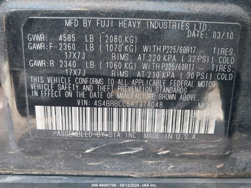 2010 Subaru Outback 2.5I Premium VIN: 4S4BRBCC5A3374048 Lot: 40081768