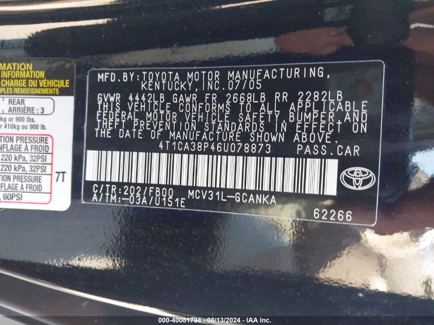 4T1CA38P46U078873 2006 Toyota Camry Solara Se V6