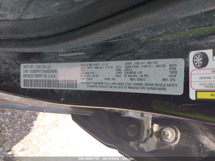 2022 Ram 1500 Big Horn/Lone Star VIN: 1C6SRFFT3NN354096 Lot: 40081797