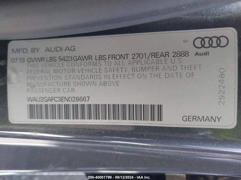 2014 Audi A7 3.0T Premium Plus VIN: WAU2GAFC3EN028667 Lot: 40081799