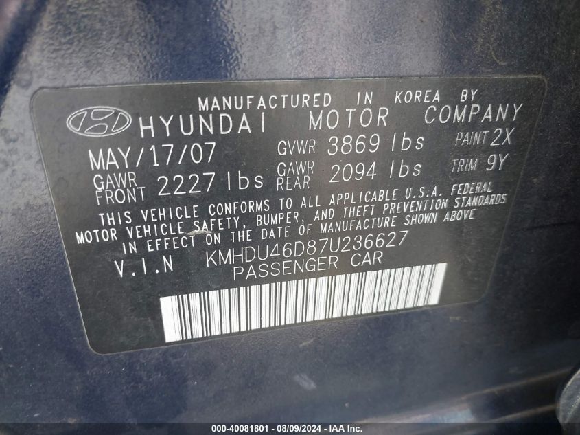 2007 Hyundai Elantra Gls/Limited/Se VIN: KMHDU46D87U236627 Lot: 40081801