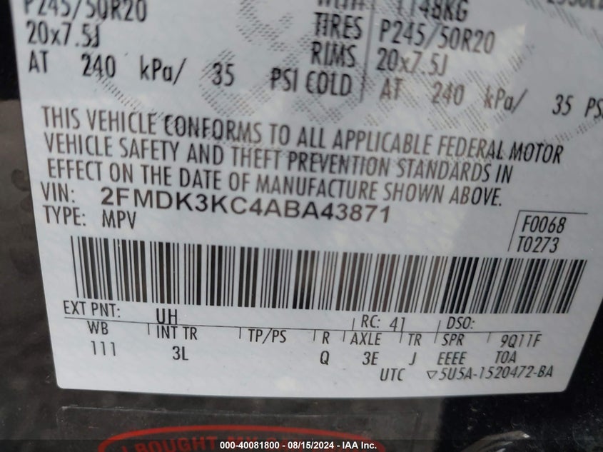 2010 Ford Edge Limited VIN: 2FMDK3KC4ABA43871 Lot: 40081800