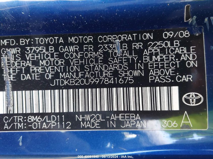 2009 Toyota Prius VIN: JTDKB20U997841675 Lot: 40081840