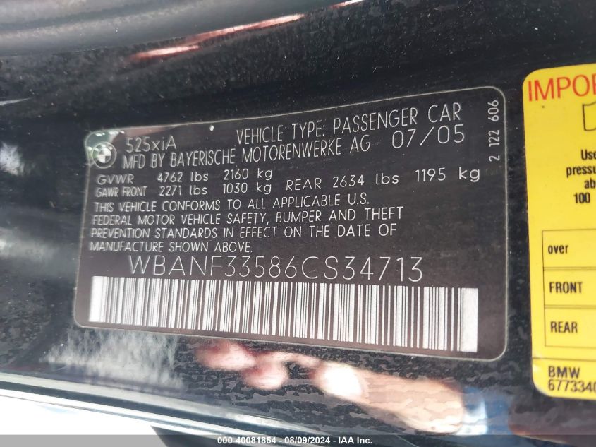2006 BMW 525Xi Xi VIN: WBANF33586CS34713 Lot: 40081854