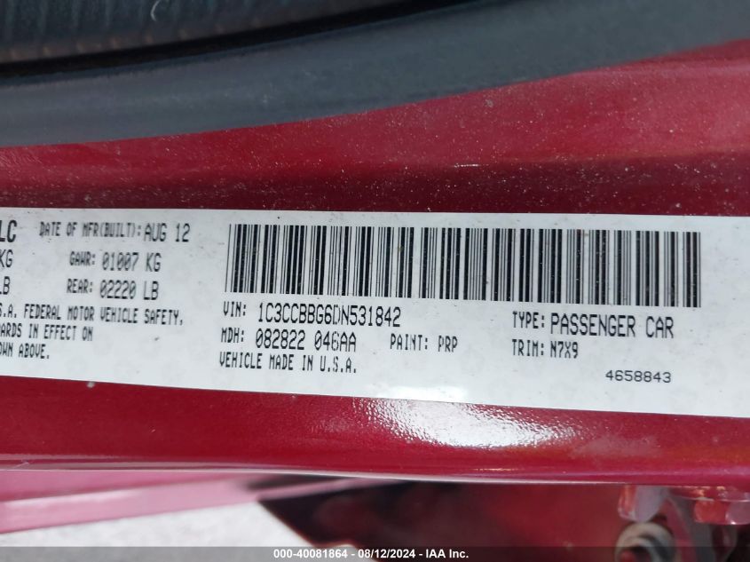 2013 Chrysler 200 Touring VIN: 1C3CCBBG6DN531842 Lot: 40081864