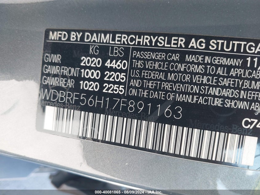 2007 Mercedes-Benz C 350 VIN: WDBRF56H17F891163 Lot: 40081865