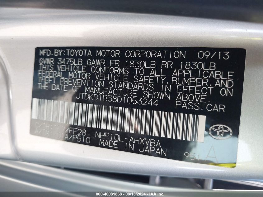 2013 Toyota Prius C Four/One/Three/Two VIN: JTDKDTB38D1053244 Lot: 40081868