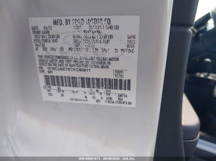 2012 Ford Escape Limited VIN: 1FMCU0E78CKC80911 Lot: 40081873