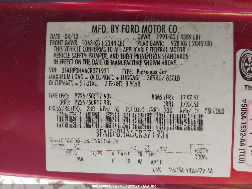 2012 Ford Fusion Se VIN: 3FAHP0HA6CR371931 Lot: 40081876