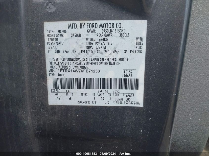 2006 Ford F-150 Stx/Xl/Xlt VIN: 1FTRX14W76FB71230 Lot: 40081883