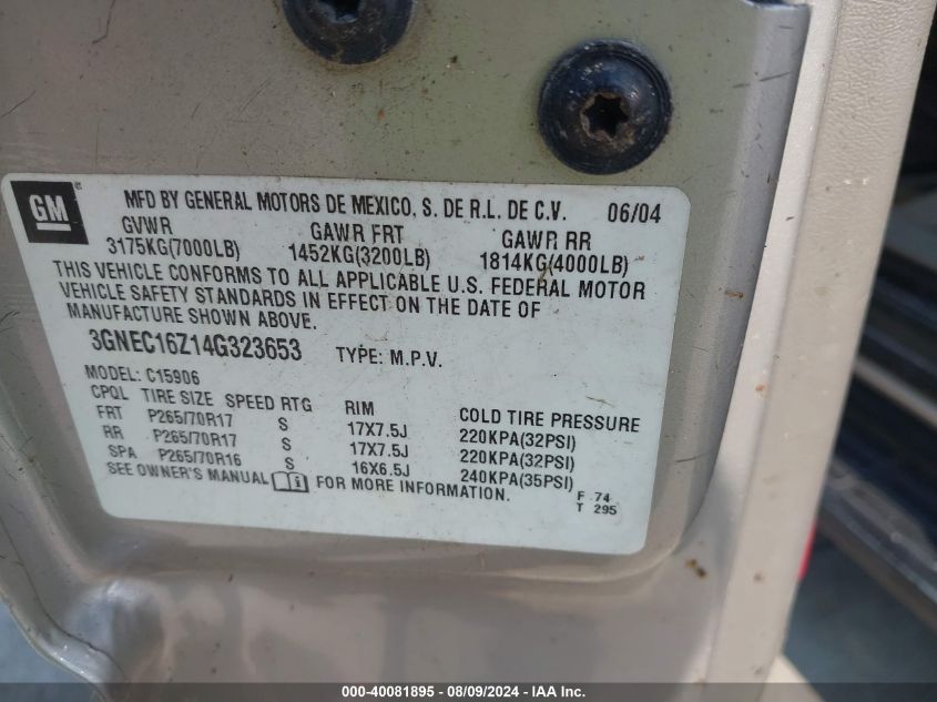 2004 Chevrolet Suburban 1500 Lt VIN: 3GNEC16Z14G323653 Lot: 40081895