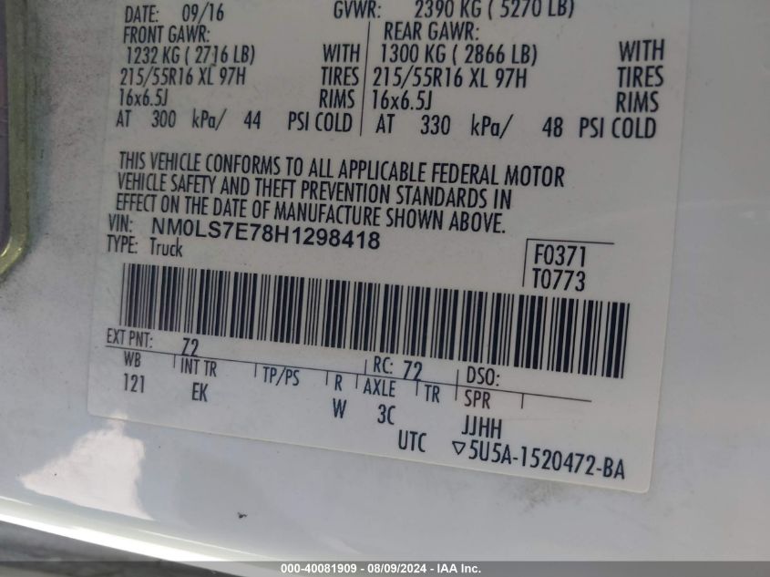 2017 Ford Transit Connect Xl VIN: NM0LS7E78H1298418 Lot: 40081909