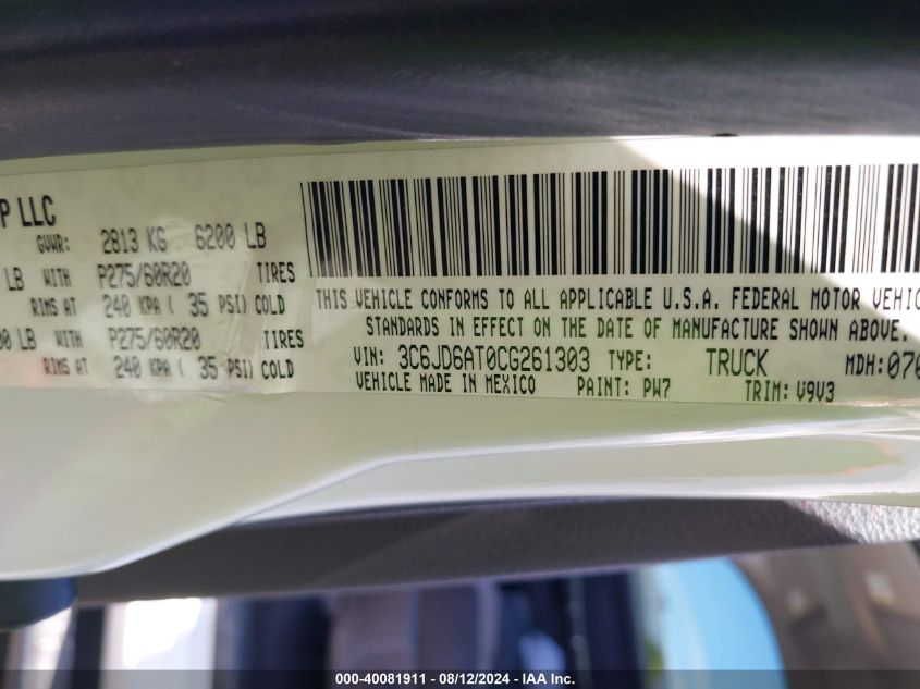 2012 Ram 1500 St VIN: 3C6JD6AT0CG261303 Lot: 40081911