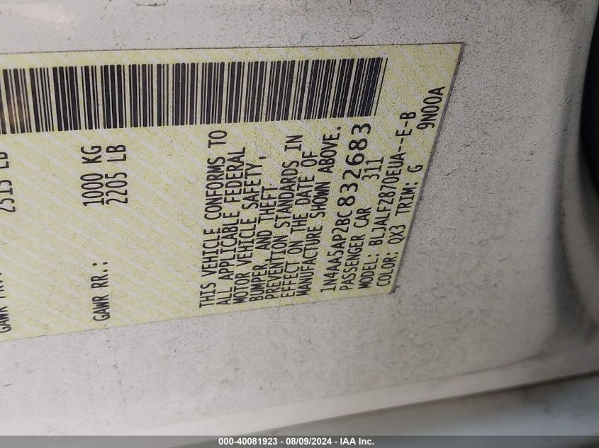 2011 Nissan Maxima 3.5 Sv VIN: 1N4AA5AP2BC832683 Lot: 40081923