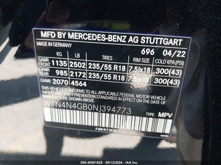 2022 Mercedes-Benz Gla 250 VIN: W1N4N4GB0NJ394773 Lot: 40081928