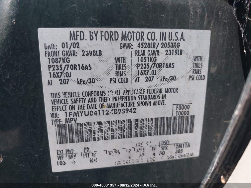 2002 Ford Escape Xlt VIN: 1FMYU04112KB98942 Lot: 40081957