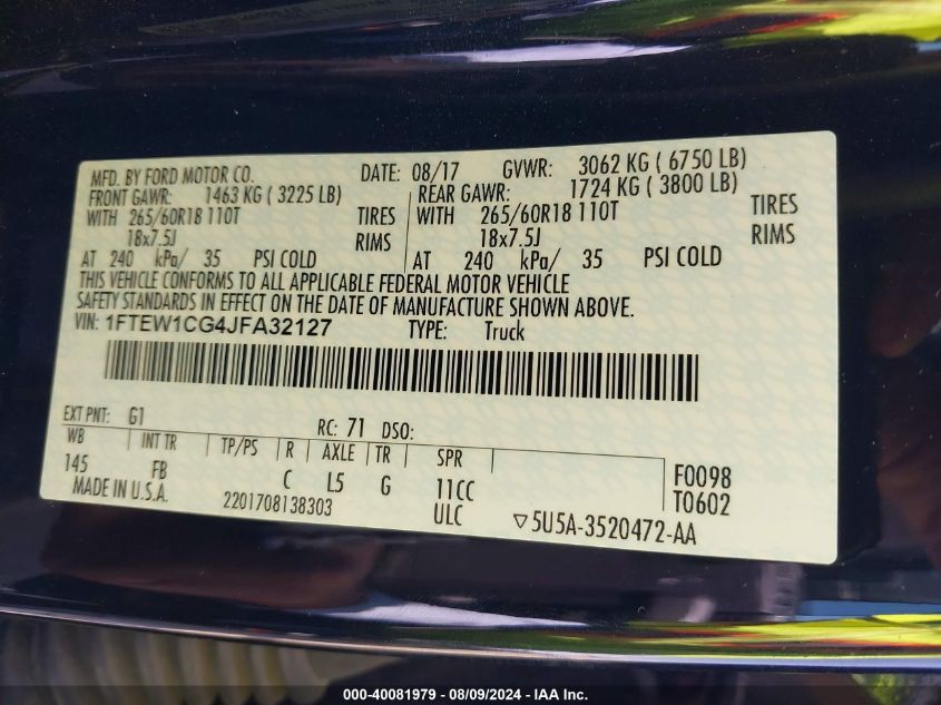 2018 Ford F-150 Xlt VIN: 1FTEW1CG4JFA32127 Lot: 40081979