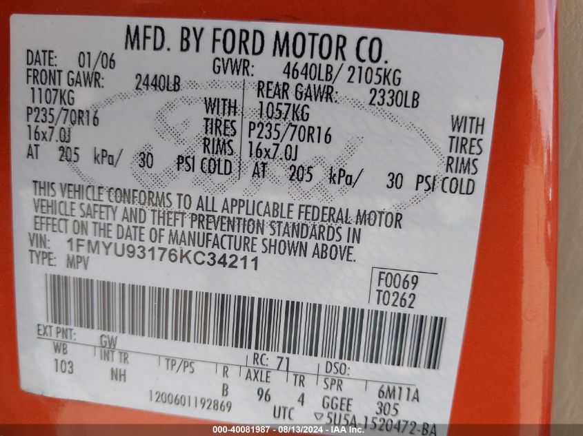 1FMYU93176K334211 2006 Ford Escape Xlt/Xlt Sport