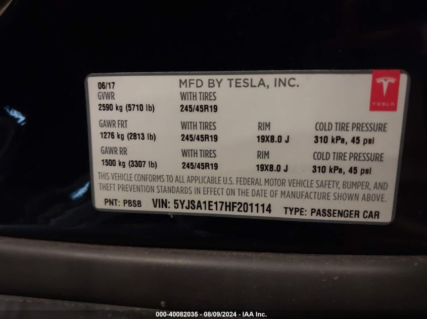 5YJSA1E17HF201114 2017 Tesla Model S 60/75