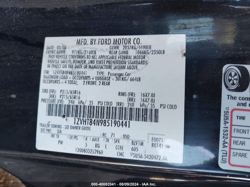 2008 Ford Mustang V6 Deluxe/V6 Premium VIN: 1ZVHT84N985190441 Lot: 40082041