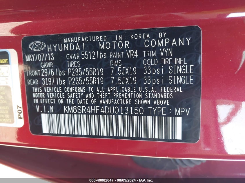 2013 Hyundai Santa Fe Limited VIN: KM8SR4HF4DU013150 Lot: 40082047