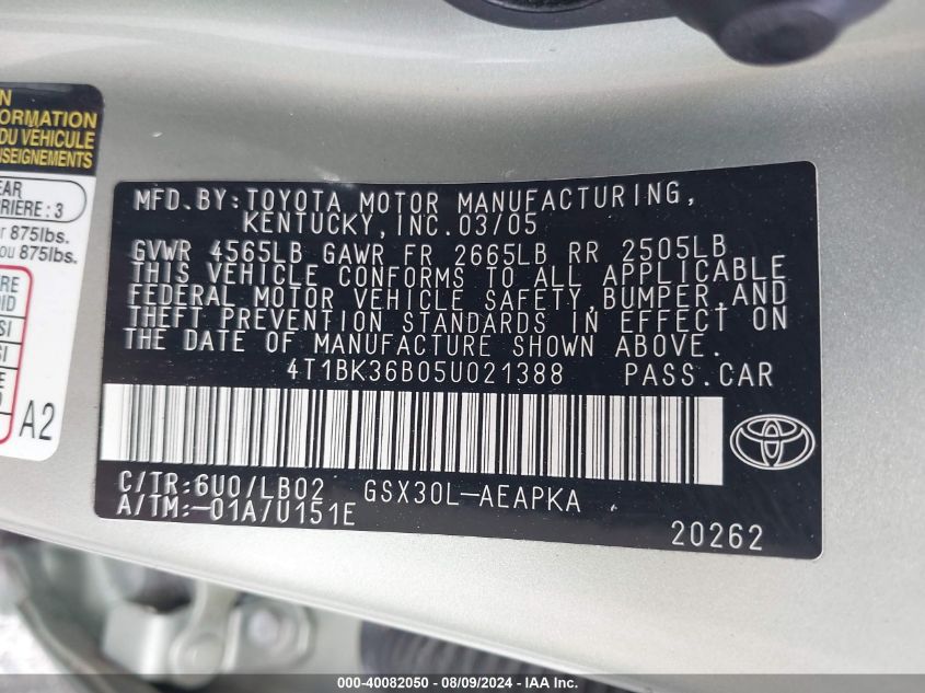 2005 Toyota Avalon Limited VIN: 4T1BK36B05U021388 Lot: 40082050