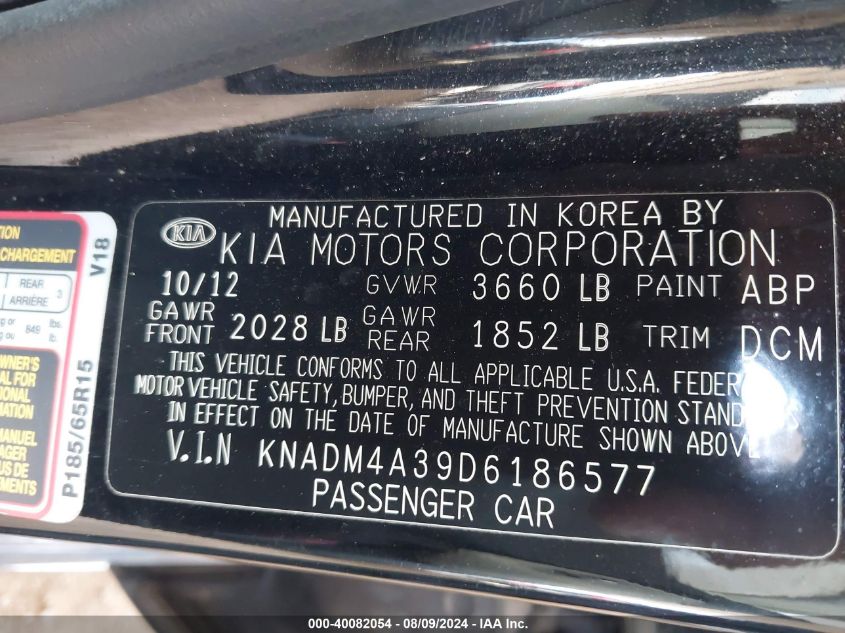 2013 Kia Rio Lx VIN: KNADM4A39D6186577 Lot: 40082054