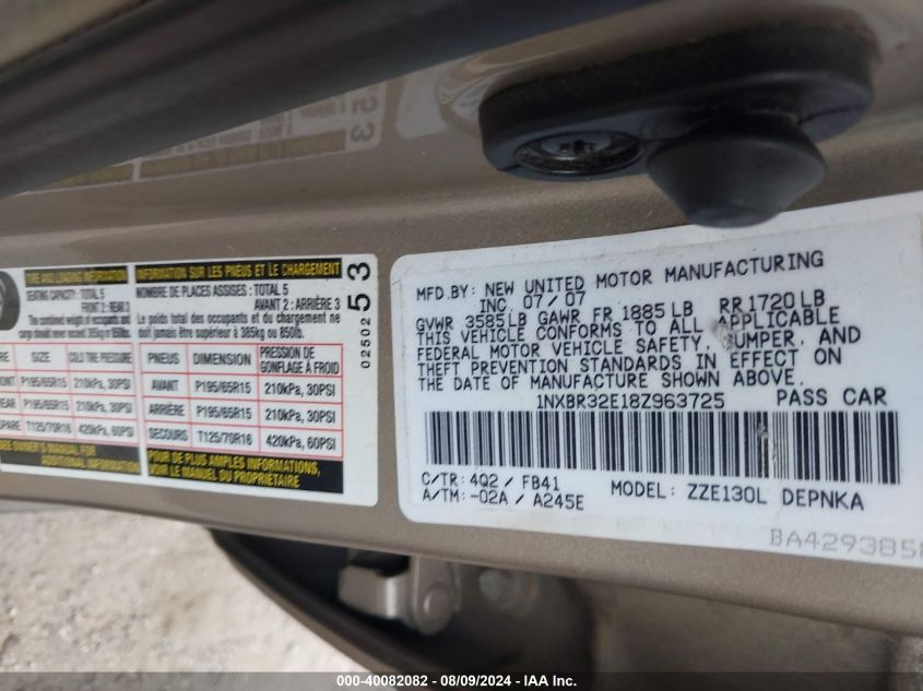 2008 Toyota Corolla Le VIN: 1NXBR32E18Z963725 Lot: 40082082