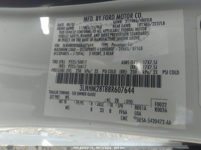 2008 Lincoln Mkz VIN: 3LNHM28T88R607644 Lot: 40082110