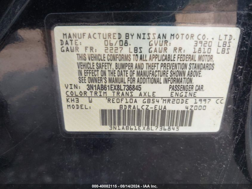 2008 Nissan Sentra 2.0 VIN: 3N1AB61EX8L736845 Lot: 40082115