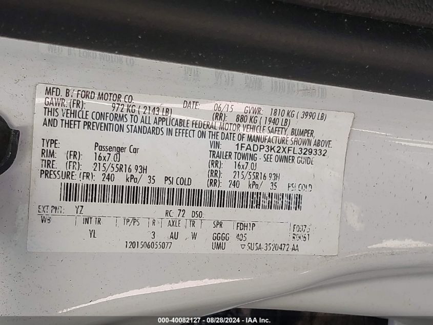 2015 FORD FOCUS SE - 1FADP3K2XFL329332